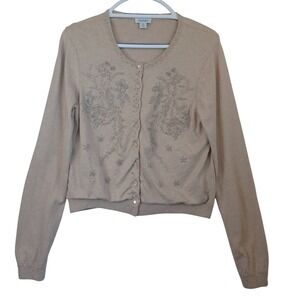 Sundance Beaded Floral Cardigan Sweater Beige Cotton Cashmere Blend Womens Med